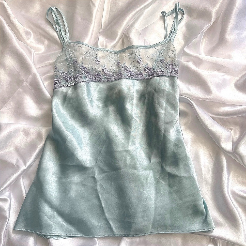 California Miss Vintage Satin Camisole Icy Blue Floral Embroidered Mesh Top M